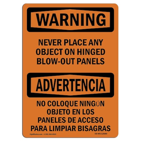 OSHA WARNING Sign, Never Place Any Object Panels Bilingual, 14in X 10in Aluminum